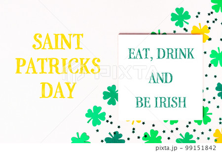 Vector logo for St. Patrick's Day. 17 March. Happy St. Patricks Day.  Congratulatory inscription with irish clover and green leprechaun hat.  Vector illustration Stock Vector