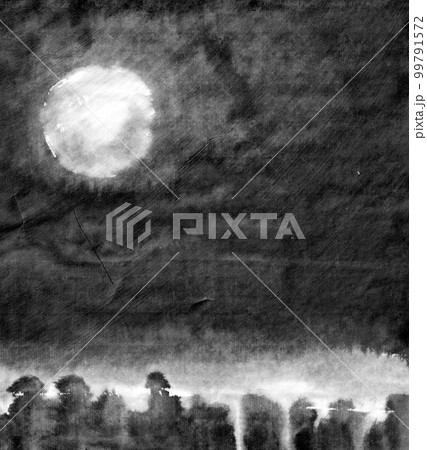 月 墨絵 満月 水墨画のイラスト素材 - PIXTA