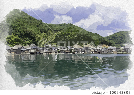 水彩画 京都府伊根町 舟屋 風景画 よたけした？ 水彩画 京都府伊根町 舟屋 風景画 よたけした？