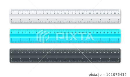 Realistic various shiny metal rulers with measurement scale and