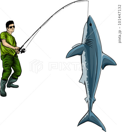 Fisherman pulling big fish with fishing rod Vector Image