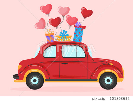 Vector hand drawn illustration of cute car with pink and red