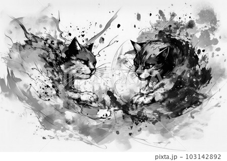 猫 水墨画 動物 墨絵の写真素材 - PIXTA