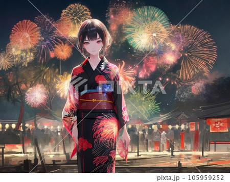 花火を見る浴衣の女性