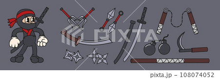 Ninja Weapons Set Vector. Assassin Accessories. Star, Sword, Sai, Nunchaku.  Throwing Knives, Katana, Shuriken. Isolated Flat Cartoon Illustration Stock  Vector