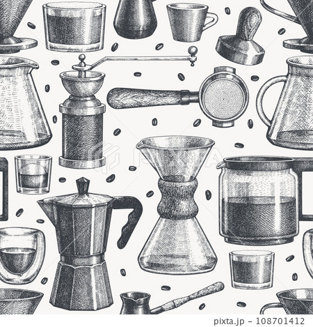 Vintage coffee maker collection hand draw black Vector Image
