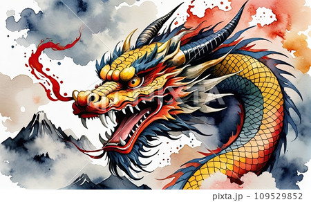 Japanese dragon face in watercolor sytleのイラスト素材 [109529852