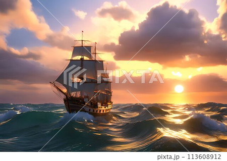 帆船 夕焼け 船 海のイラスト素材 - PIXTA