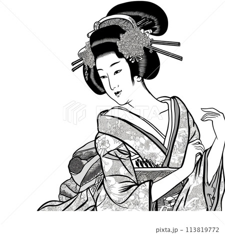 日本人 女性 着物姿 (鉛筆画) 色鉛筆画 女性 人物 着物のイラスト素材 - PIXTA