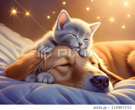 ゴールデンレトリバーと子猫の絵 ゴールデンレトリバーの背中に乗っている子猫のイラスト素材