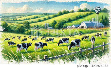 牛 牧場 牧草地 水彩画の写真素材 - PIXTA
