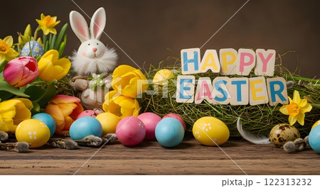 Easter Arrangement with Eggs, Flowers, Bunnyのイラスト