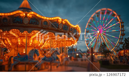 メリーゴーランド 遊園地 イルミネーション 夕方の写真素材 - PIXTA