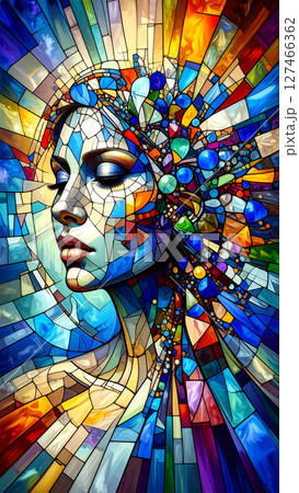 ステンドグラス　女性画 ステンドグラス 女の子 女性 横顔の写真素材 - PIXTA