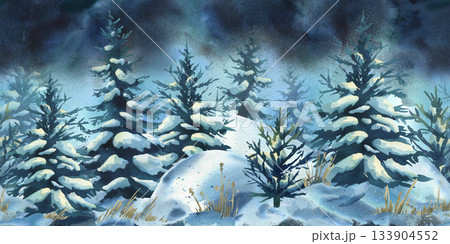 水彩画 木と雪の風景 水彩画の冬の風景画 晴れた日の木々 湖と山 | Premium AI生成画像