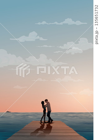 夕焼け 夕日 カップル シルエットのイラスト素材 - PIXTA